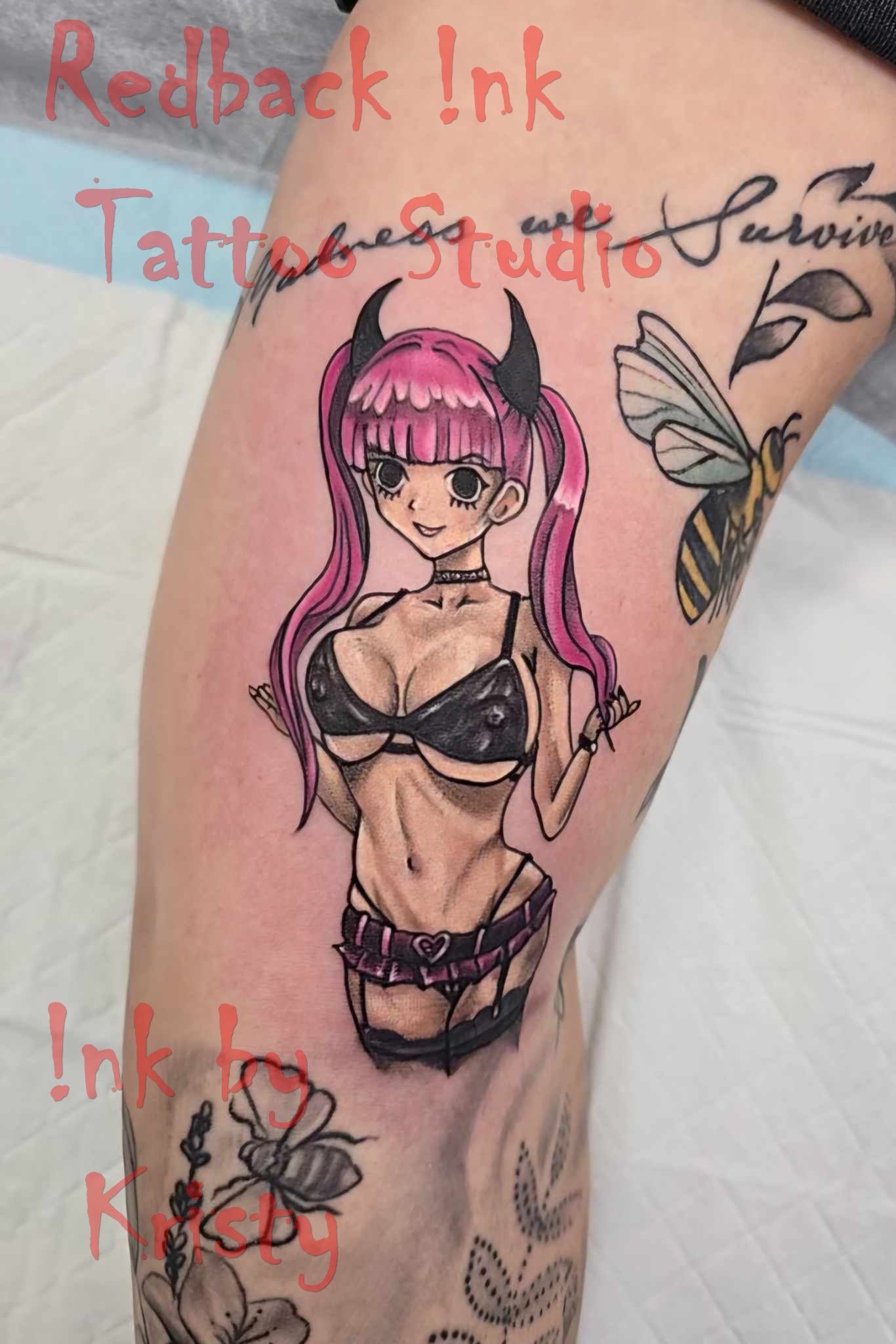 Tattoo of anime girl with pink hair and devil horns, wearing lingerie — Redback !nk Tattoo Studio in Kawana, QLD