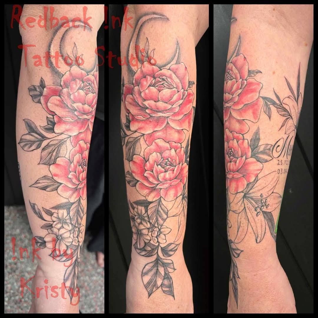 Tattoo of pink peony flowers with grey leaves and a crescent moon on an arm — Redback !nk Tattoo Studio in Kawana, QLD