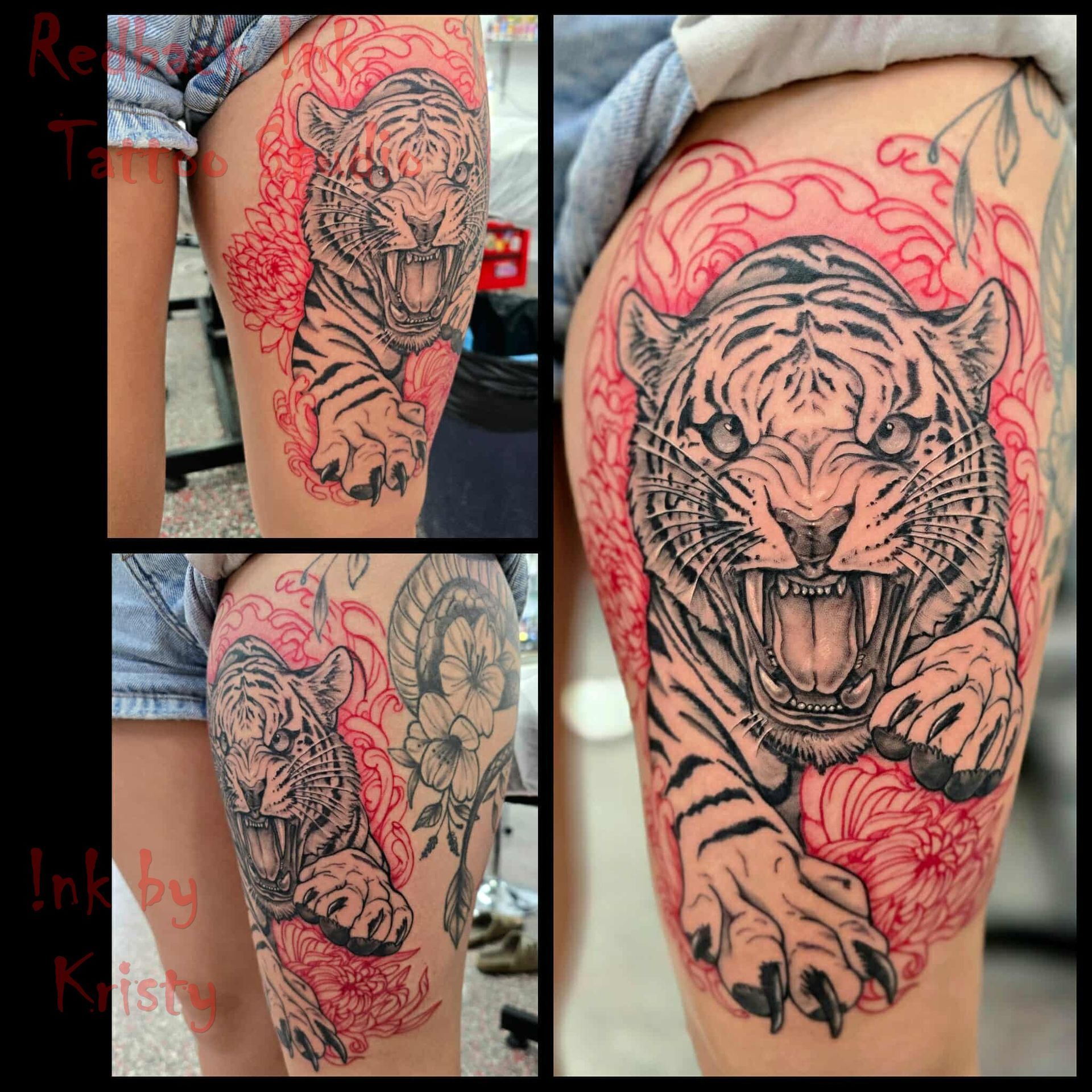 Tiger tattoo on thigh, black and white with red accents — Redback !nk Tattoo Studio in Kawana, QLD