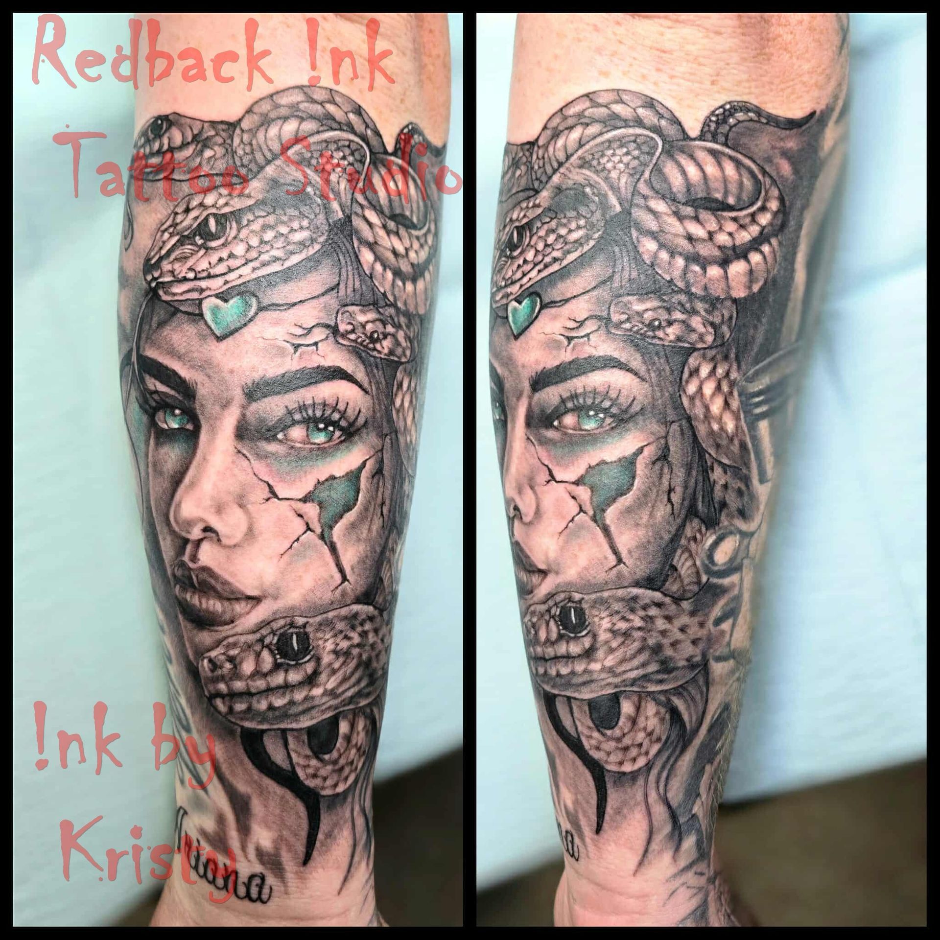 Tattoo of Medusa's face in black and gray ink on an arm, with snakes as hair — Redback !nk Tattoo Studio in Kawana, QLD