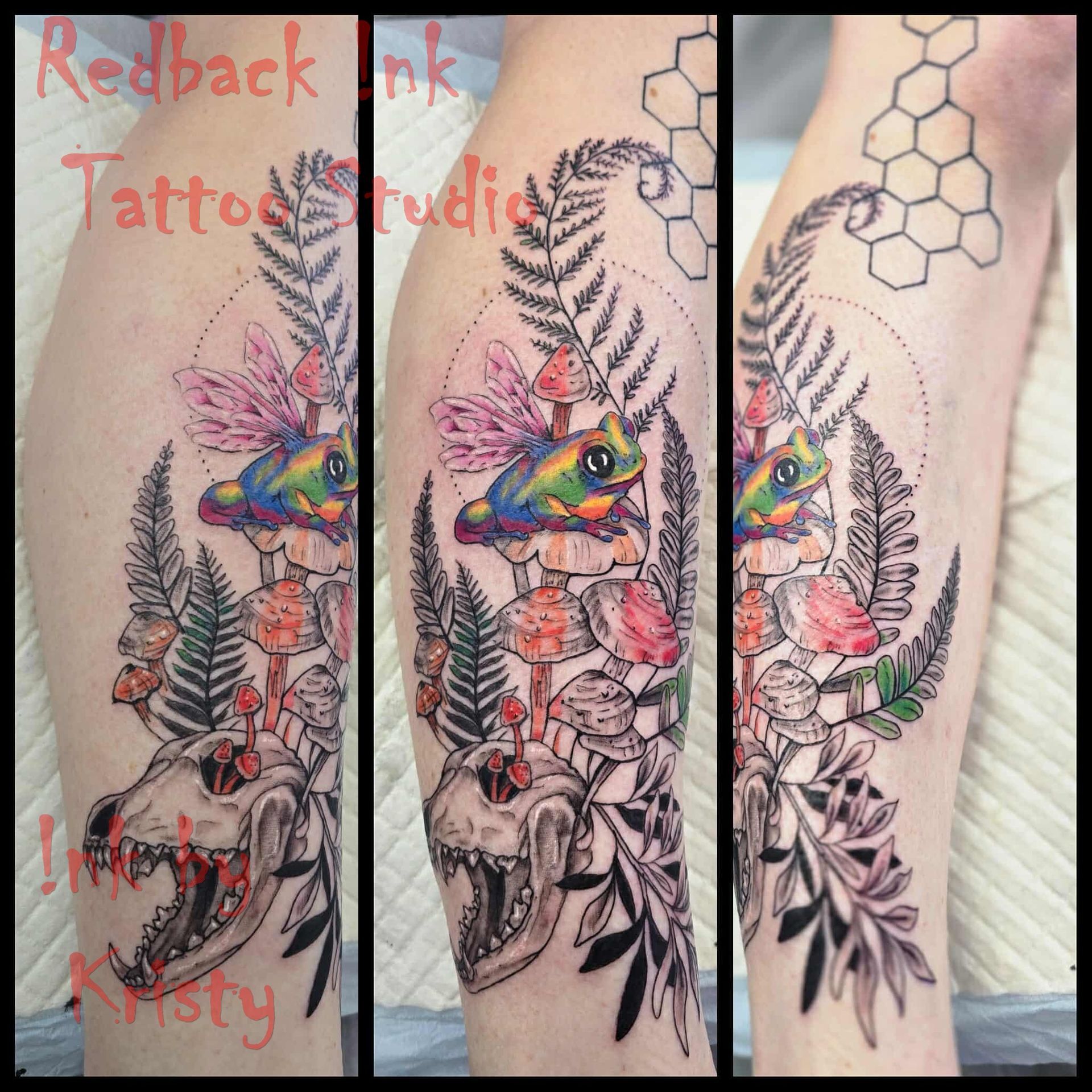 Tattoo of a frog with fairy wings atop mushrooms and a skull; ferns, and a honeycomb graphic — Redback !nk Tattoo Studio in Kawana, QLD