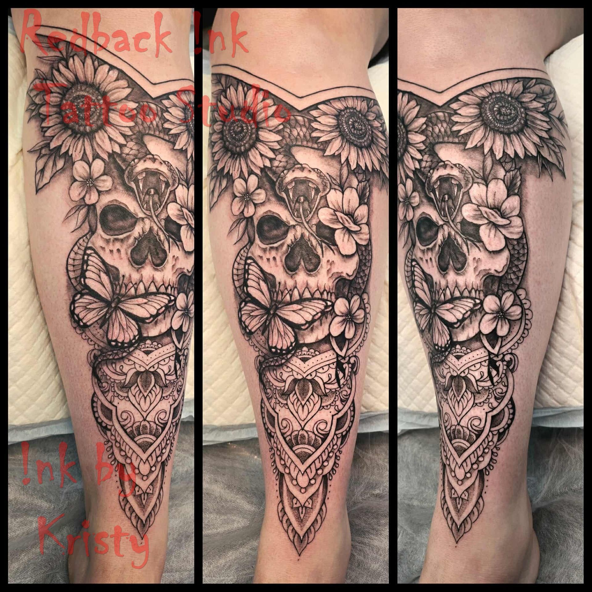 Black tattoo on a leg: Skull with sunflowers, butterflies, and ornamental details — Redback !nk Tattoo Studio in Kawana, QLD