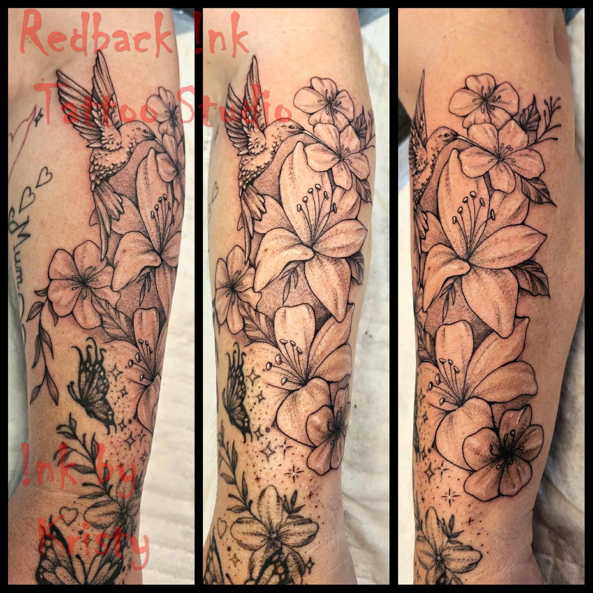 Black ink floral tattoo on arm featuring lilies, hummingbirds, and a butterfly — Redback !nk Tattoo Studio in Kawana, QLD