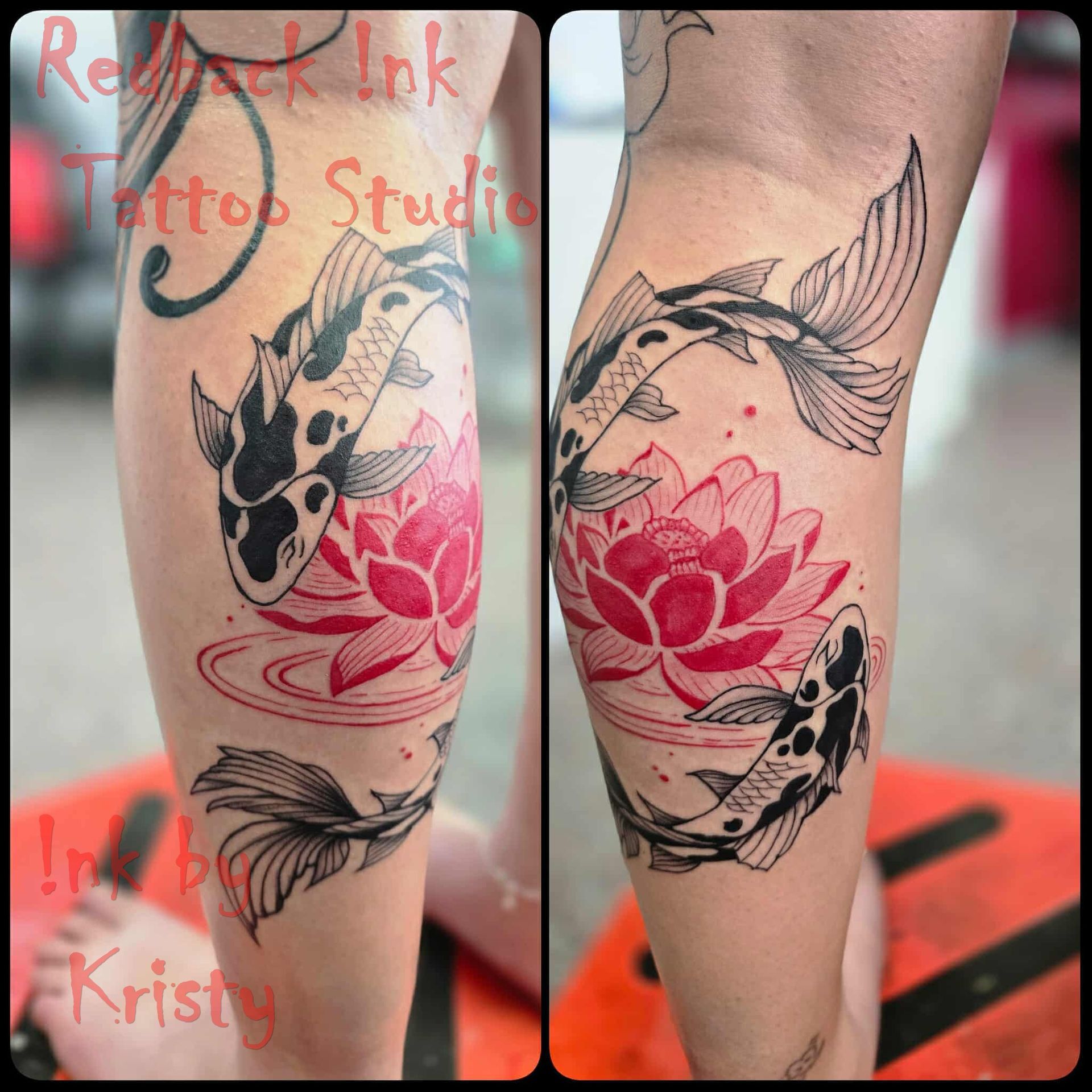 Black and red koi fish tattoo with a red lotus flower on a leg — Redback !nk Tattoo Studio in Kawana, QLD