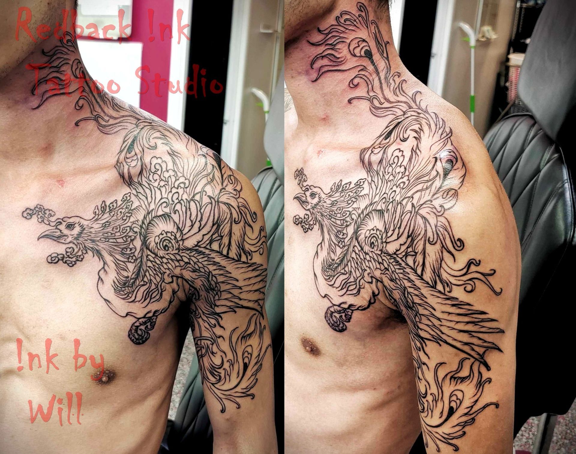 Black tattoo on a person's chest and shoulder, featuring ornate floral and avian designs.