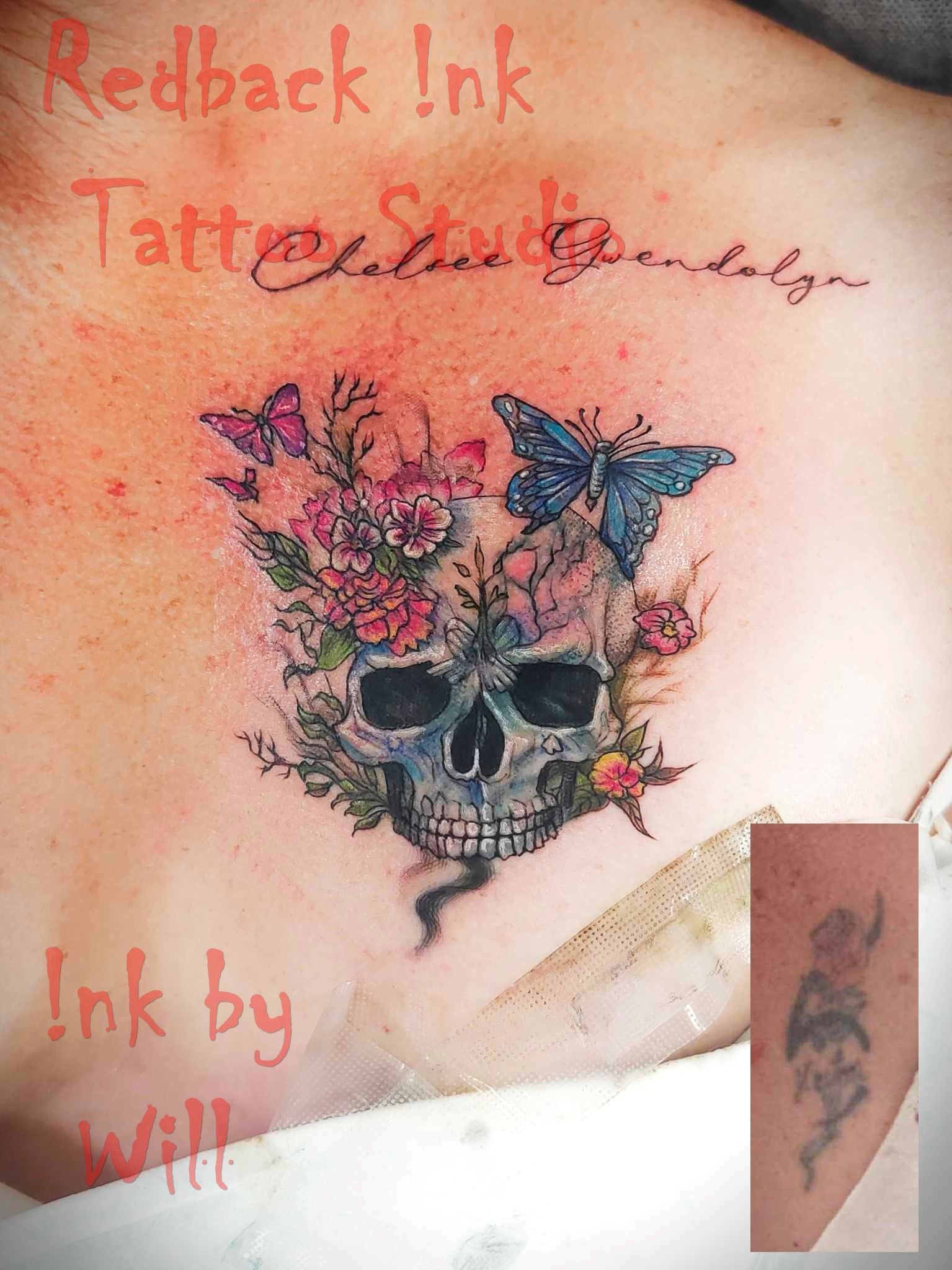 Skull tattoo with flowers and butterflies, chest placement. Colorful, before/after comparison shown.