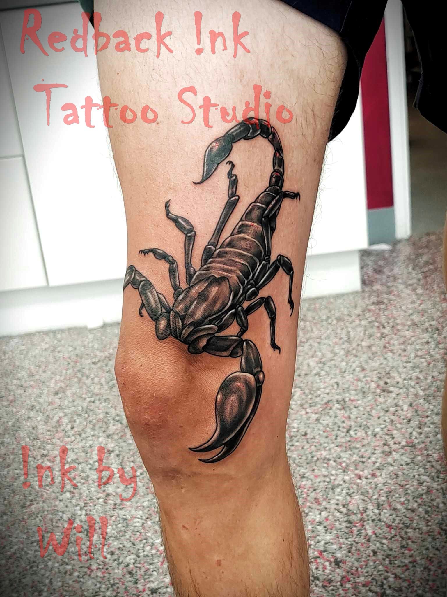 Black and brown scorpion tattoo on a person's leg. Studio name is visible.