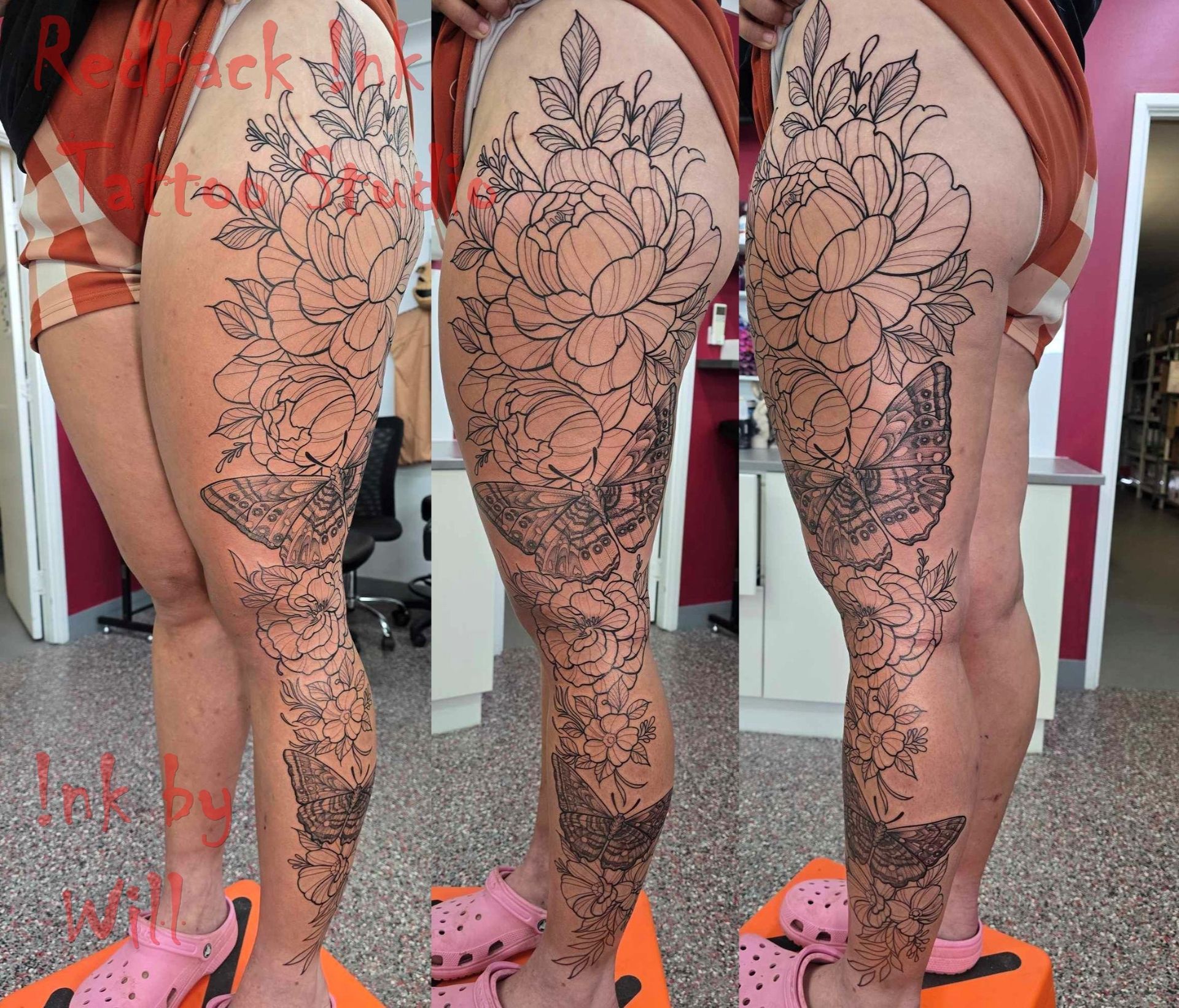 Three views of a leg with a large flower and leaf tattoo in progress. The person is standing indoors, wearing shorts and Crocs.