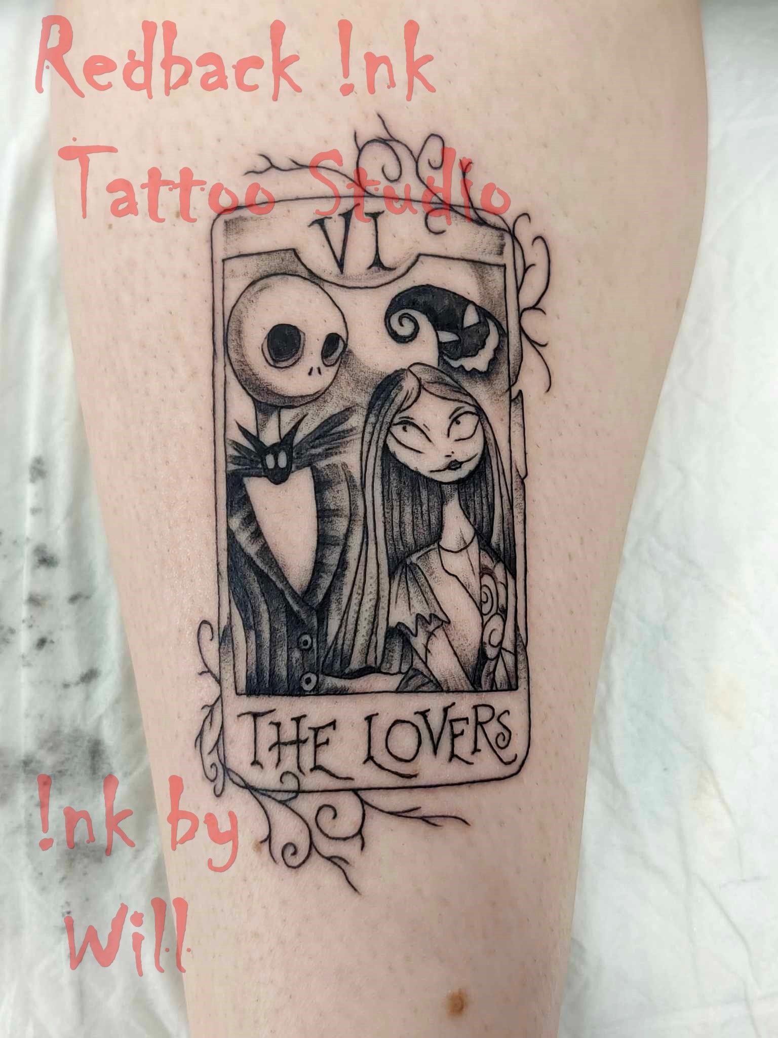 Black and white tattoo of Jack and Sally from The Nightmare Before Christmas as 
