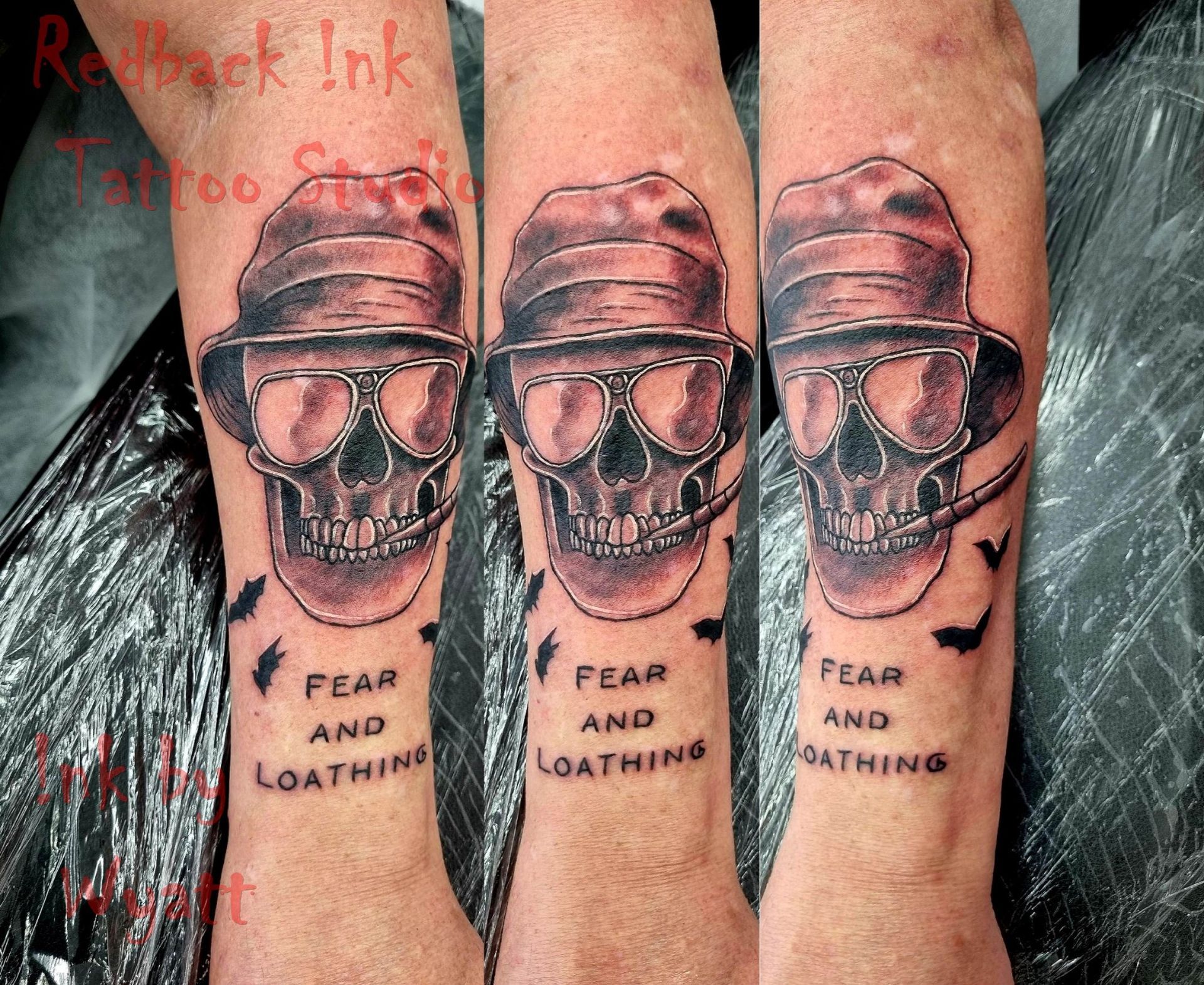 Three forearm tattoos: skull with sunglasses, hat, and cigarette. Text 