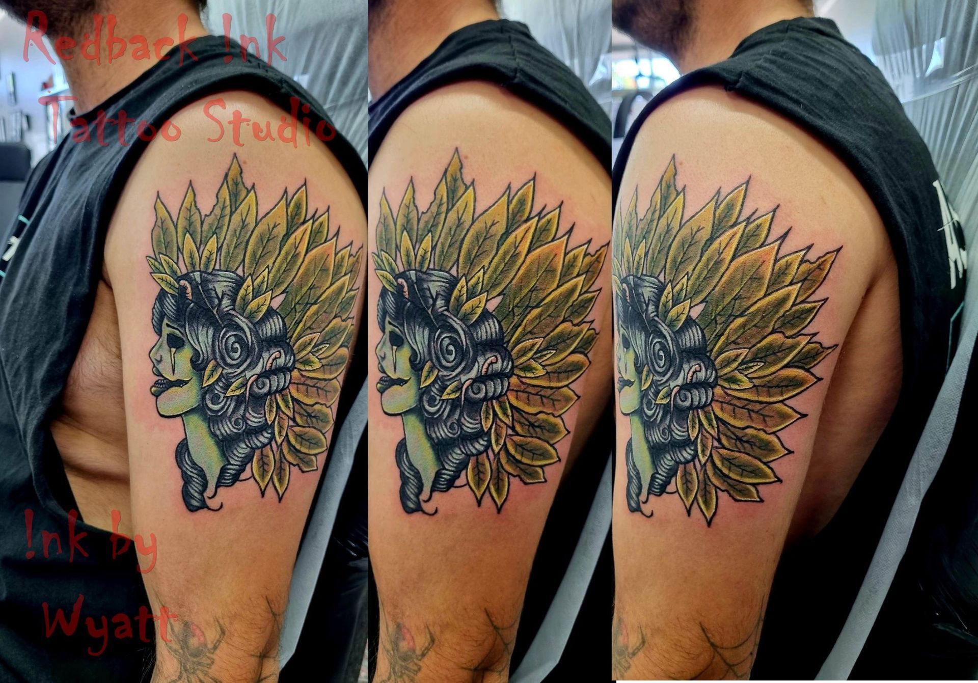 Tattoo of a Native American profile with a headdress on a man's upper arm, in black, green, and yellow. — Redback !nk Tattoo Studio in Kawana, QLD