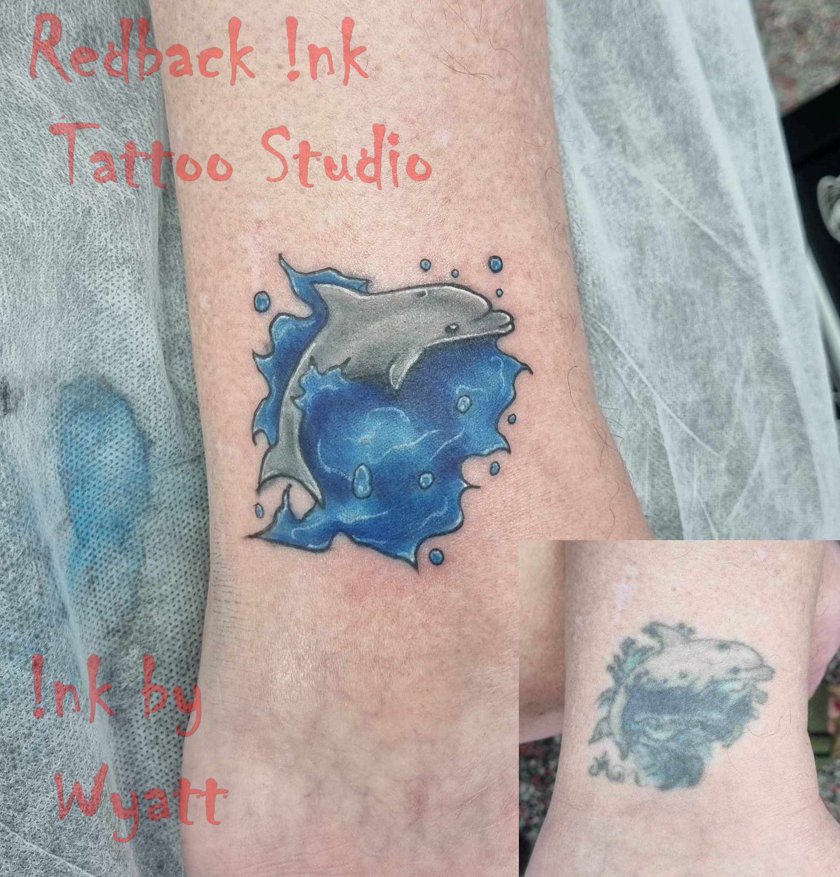 Tattoo of a dolphin breaking through blue water on an ankle. Below is the faded original tattoo. — Redback !nk Tattoo Studio in Kawana, QLD
