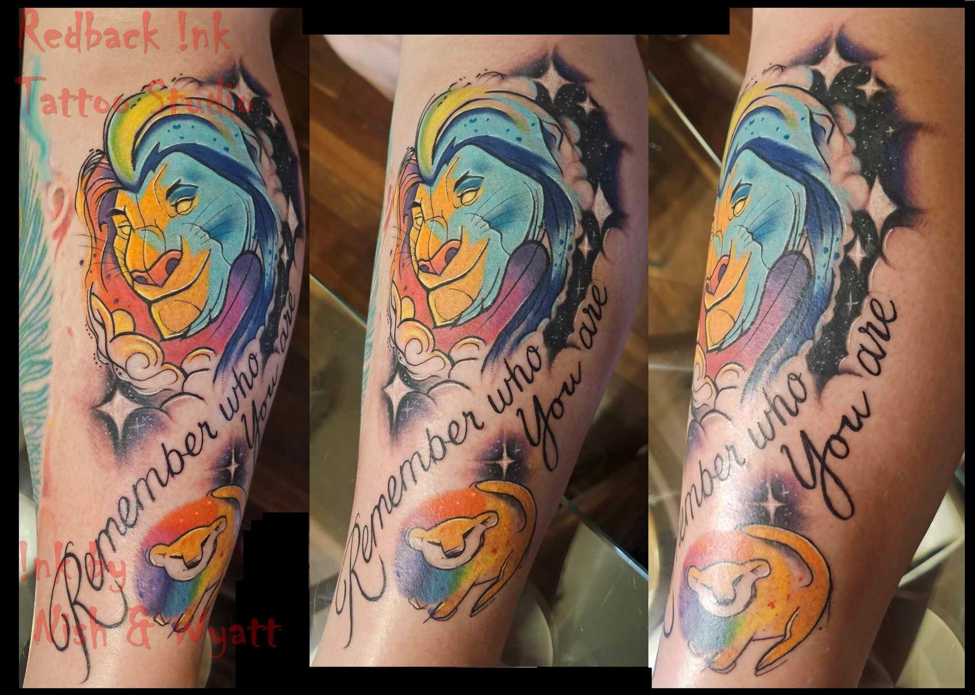 Lion King tattoo with Simba, text 