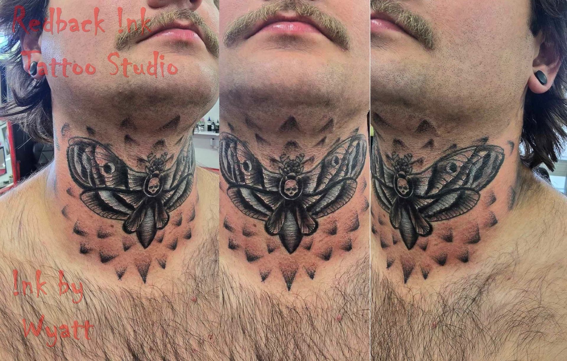 Neck tattoo of a moth on a man's neck, gray and black ink, multiple views. — Redback !nk Tattoo Studio in Kawana, QLD