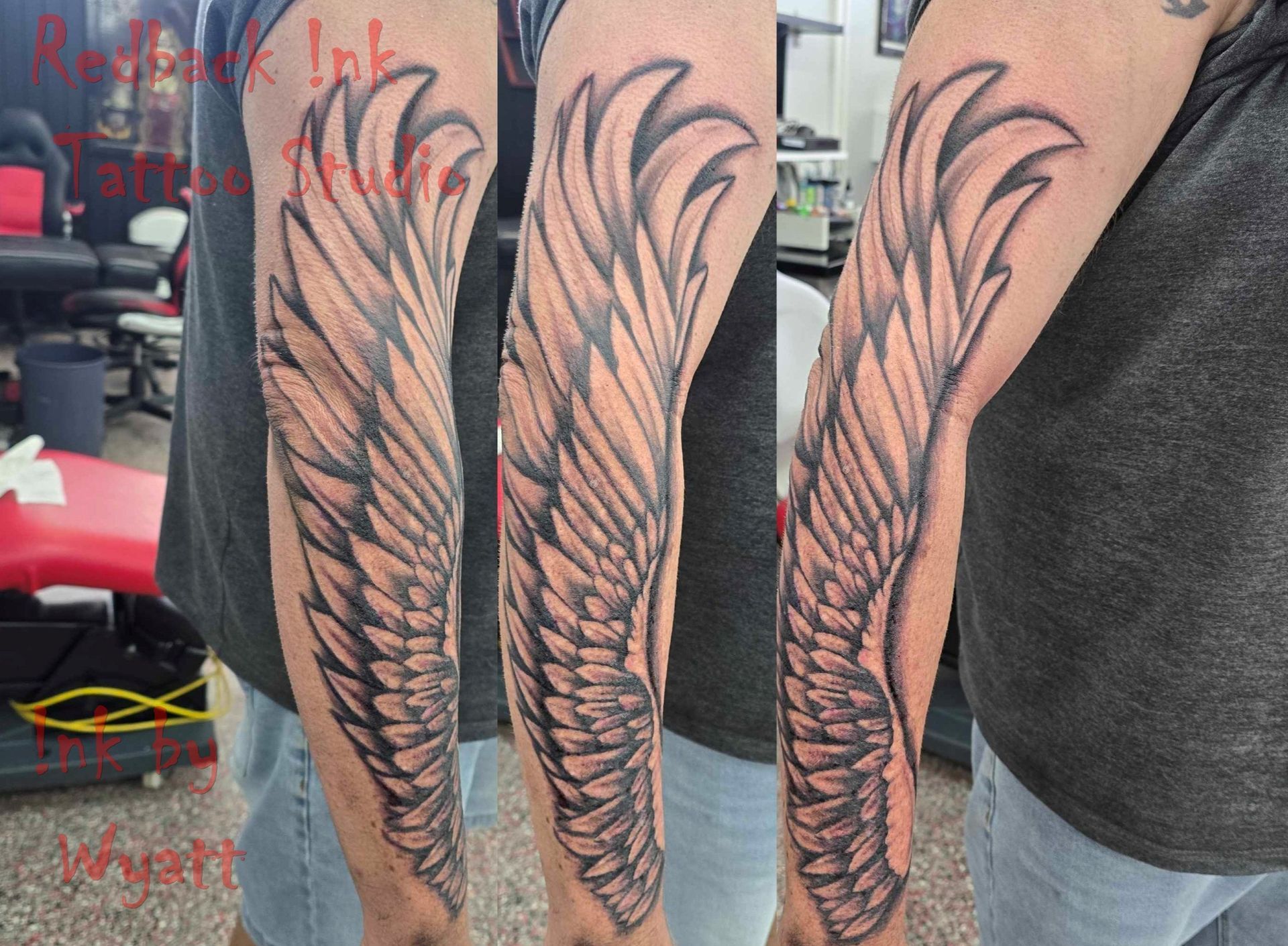 Tattoo of a wing on a person's arm, black and gray shading in a tattoo parlor.