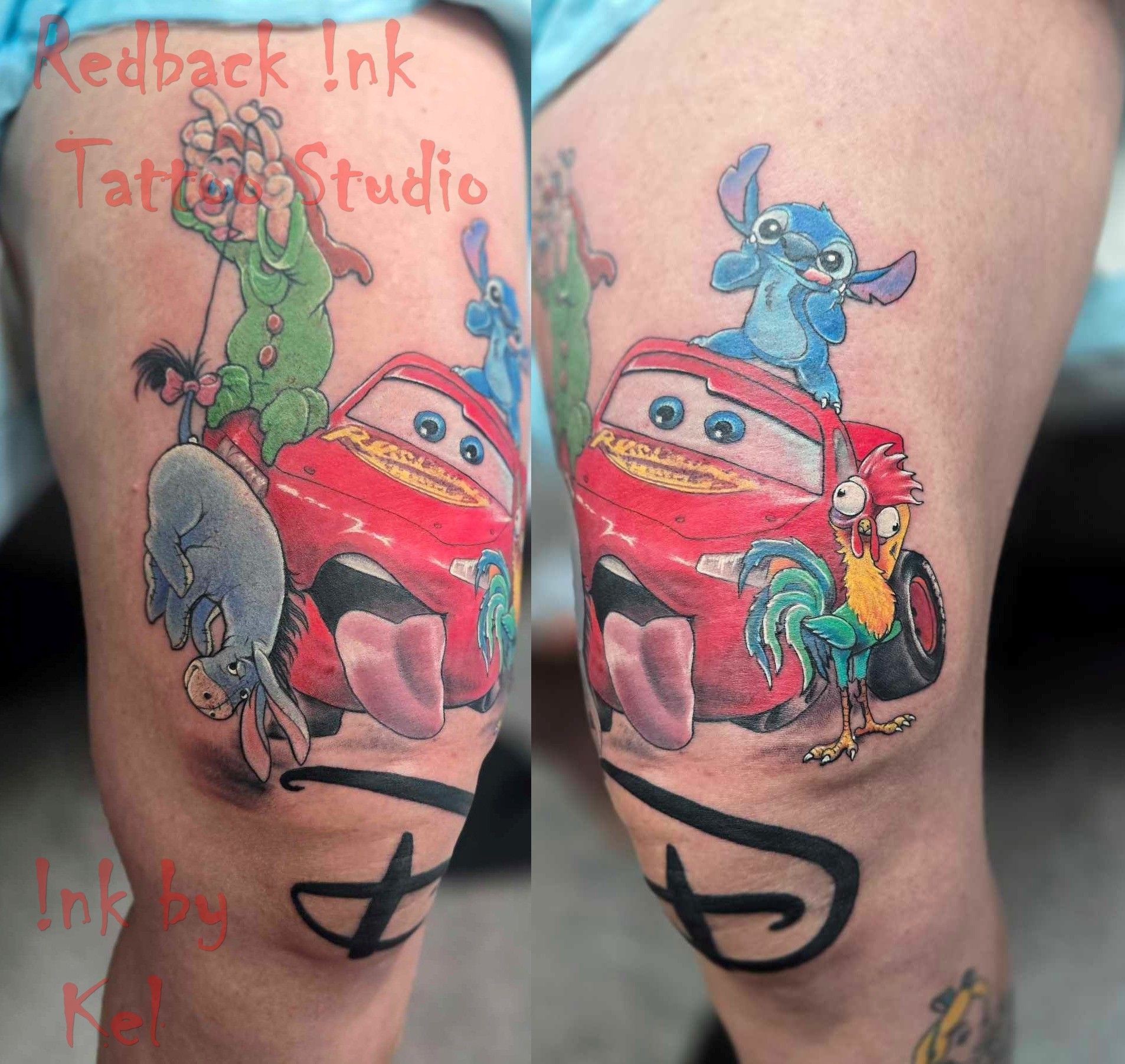 Tattoo of Disney characters on a person's thigh: Lightning McQueen, Stitch, rooster, Winnie the Pooh, & other characters. — Redback !nk Tattoo Studio in Kawana, QLD