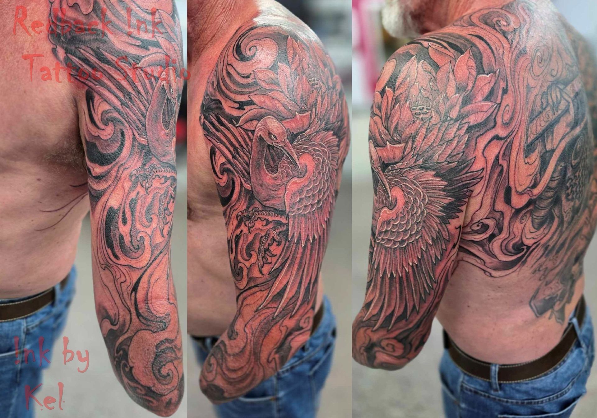 Tattoo of a red and black phoenix on a man's arm, swirls around it.