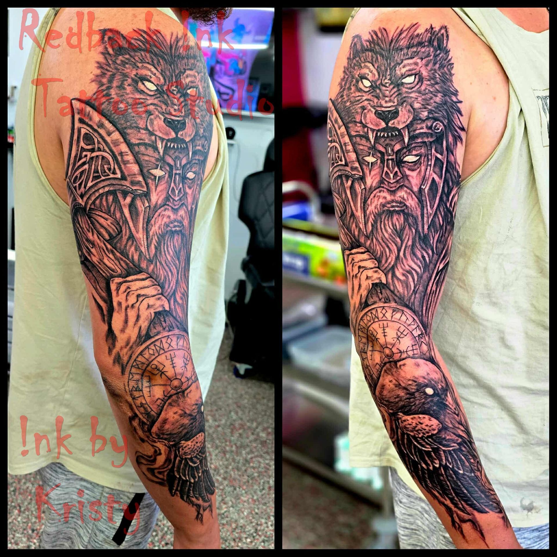 Tattoo sleeve: wolf, Odin, raven, detailed black ink design on arm — Redback !nk Tattoo Studio in Kawana, QLD