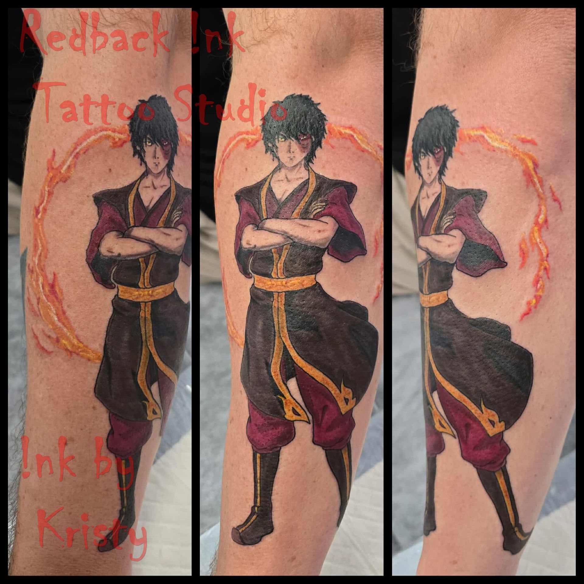 Tattoo of Zuko from Avatar: The Last Airbender with fire, on a forearm. He stands with crossed arms, dark clothing, and stern expression — Redback !nk Tattoo Studio in Kawana, QLD