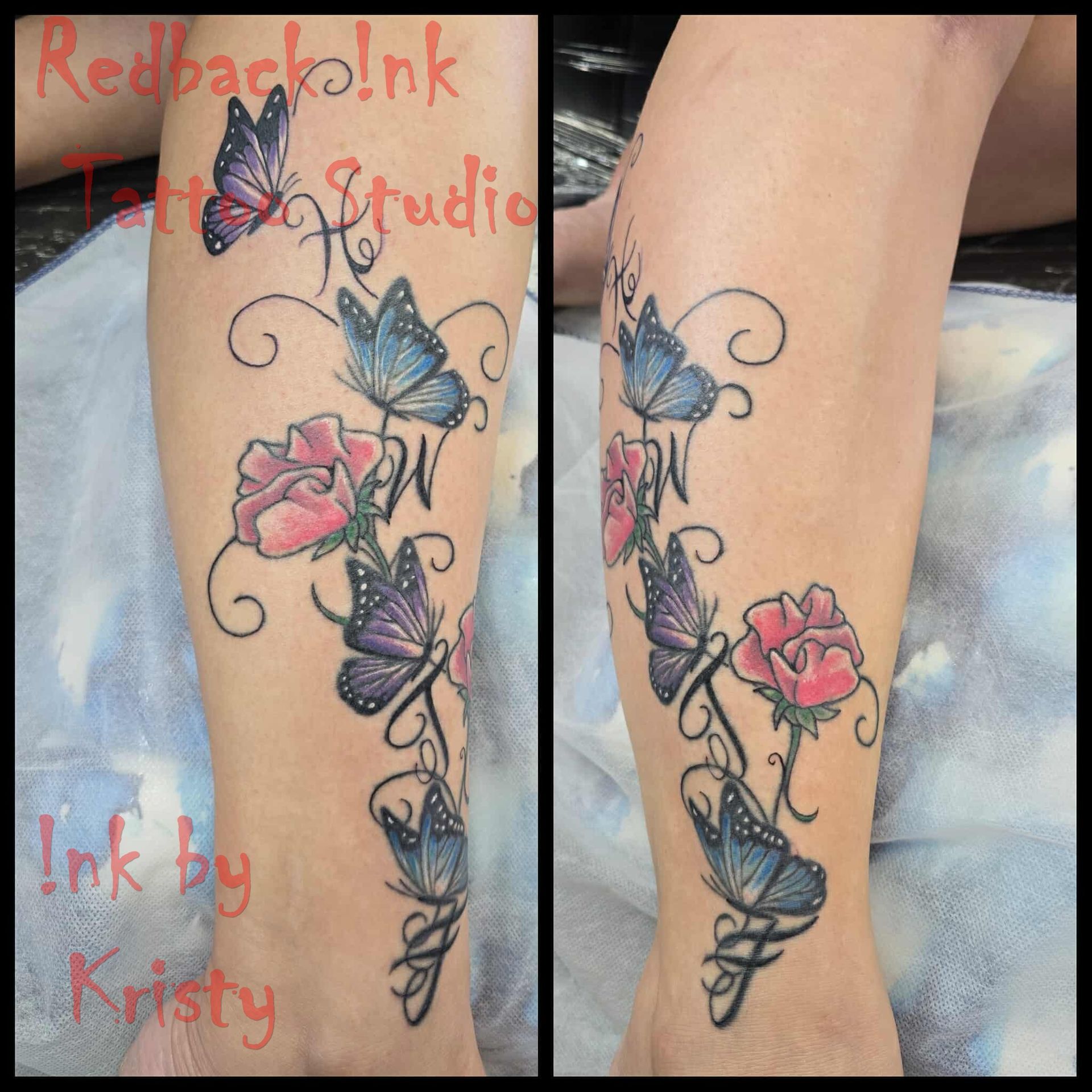 Tattoo of butterflies and roses in pink and blue climbing up a person's leg — Redback !nk Tattoo Studio in Kawana, QLD