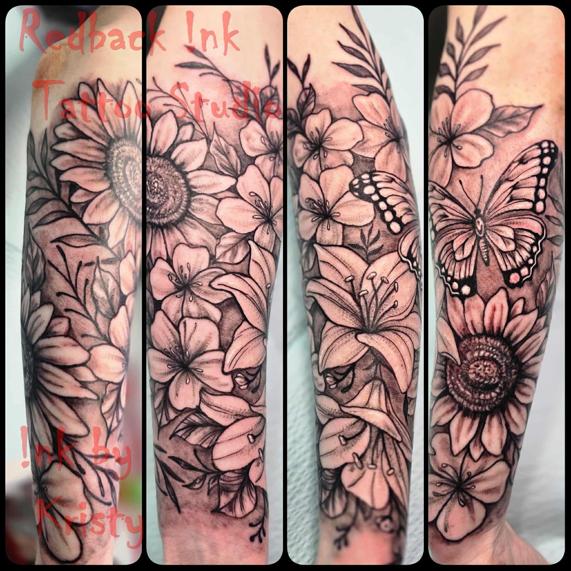 Four black and white floral tattoos on an arm, including sunflowers, lilies, and a butterfly — Redback !nk Tattoo Studio in Kawana, QLD