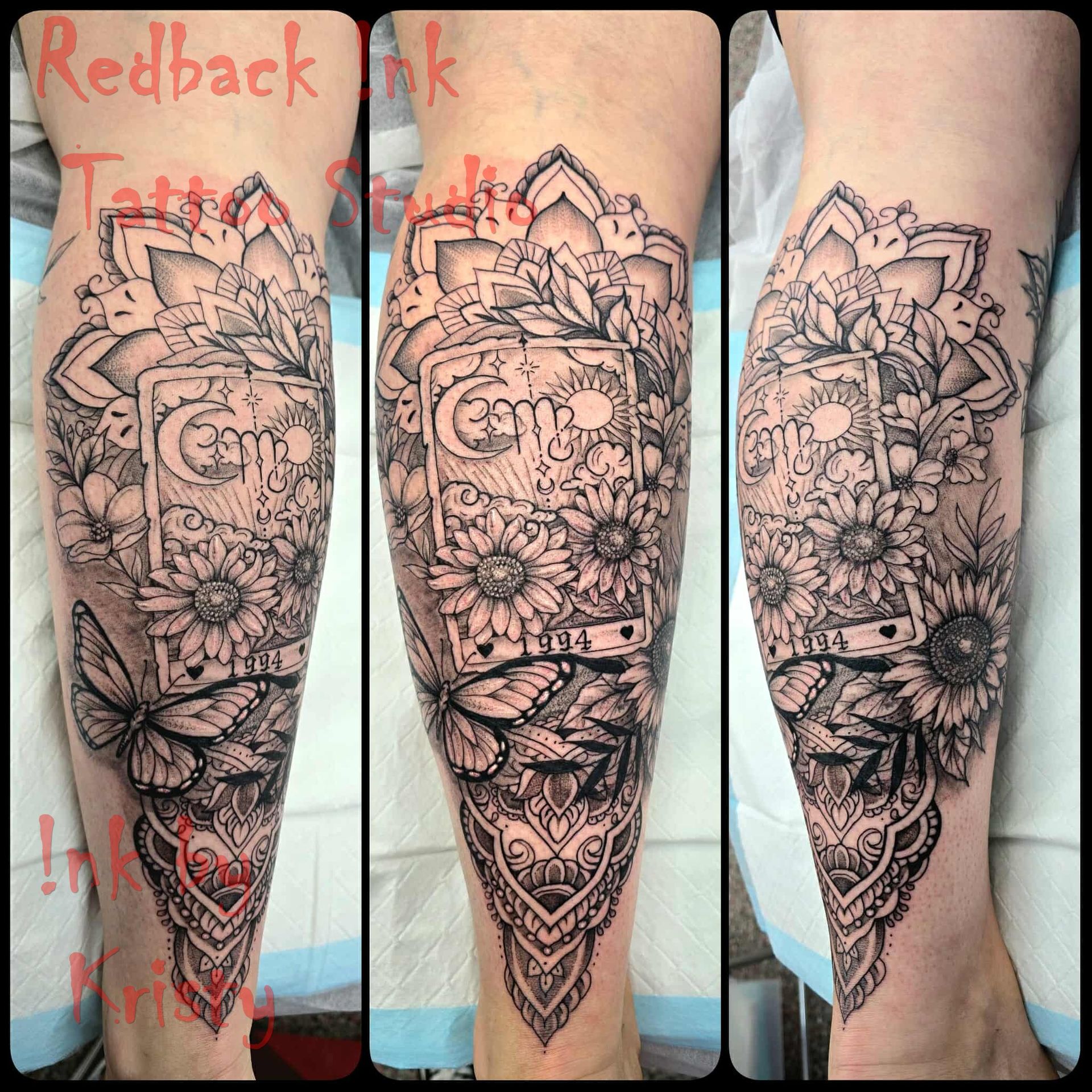 Black and gray tattoo on leg with flowers, mandala, butterflies, and tarot card design — Redback !nk Tattoo Studio in Kawana, QLD