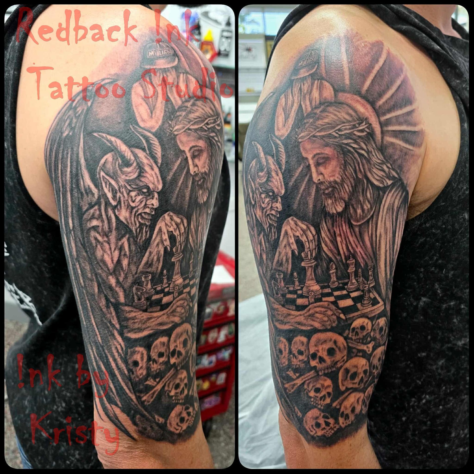 A tattoo of Jesus playing chess against a demon over a pile of skulls on an arm — Redback !nk Tattoo Studio in Kawana, QLD