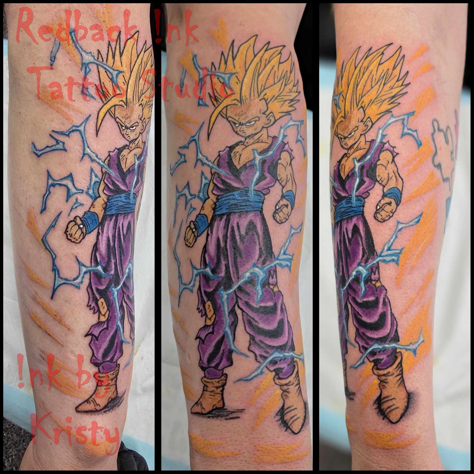 Tattoo of Gohan from Dragon Ball Z, with yellow hair and purple outfit, surrounded by blue electricity — Redback !nk Tattoo Studio in Kawana, QLD