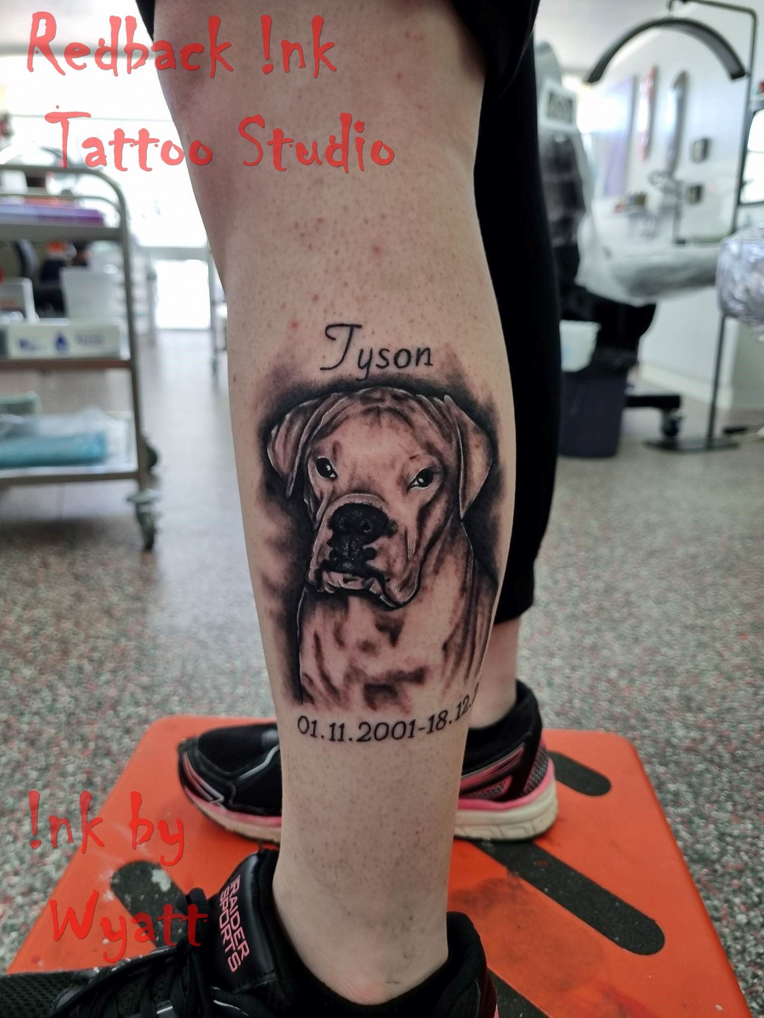 Tattoo of a Boxer dog named Tyson on a leg. Features birth and death dates. Redback Ink Tattoo Studio. — Redback !nk Tattoo Studio in Kawana, QLD