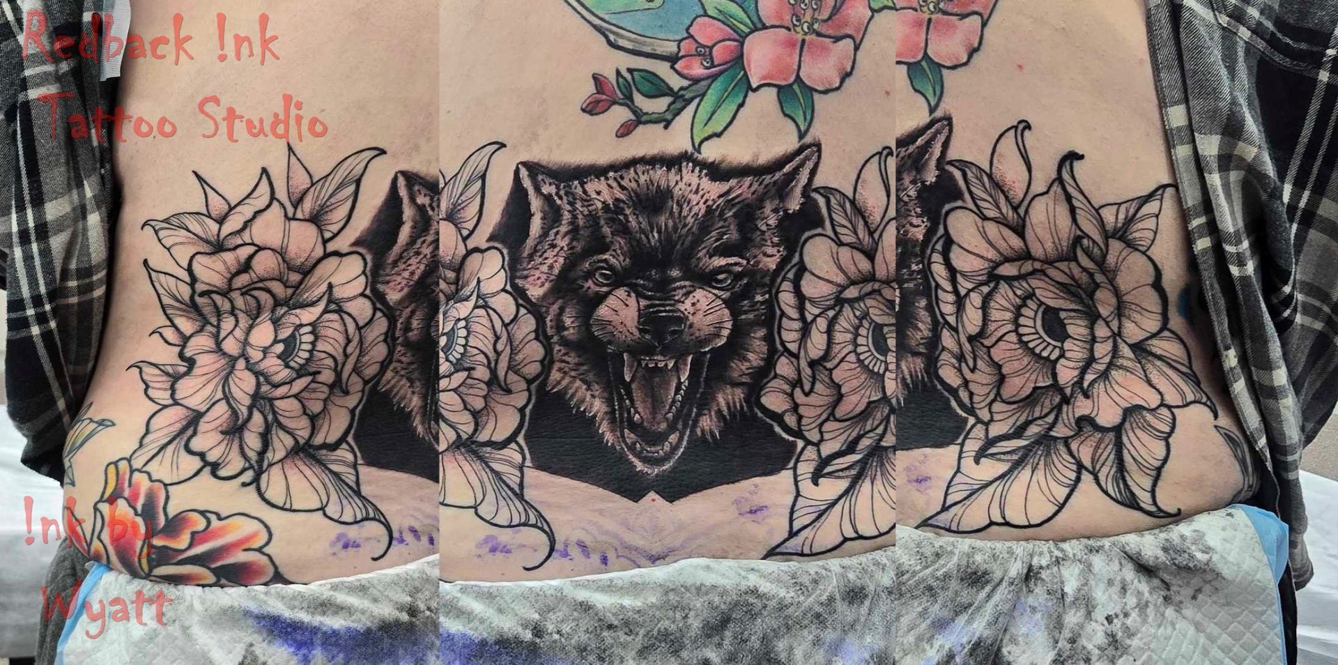 Tattoo of a wolf and flowers on a person's back. — Redback !nk Tattoo Studio in Kawana, QLD
