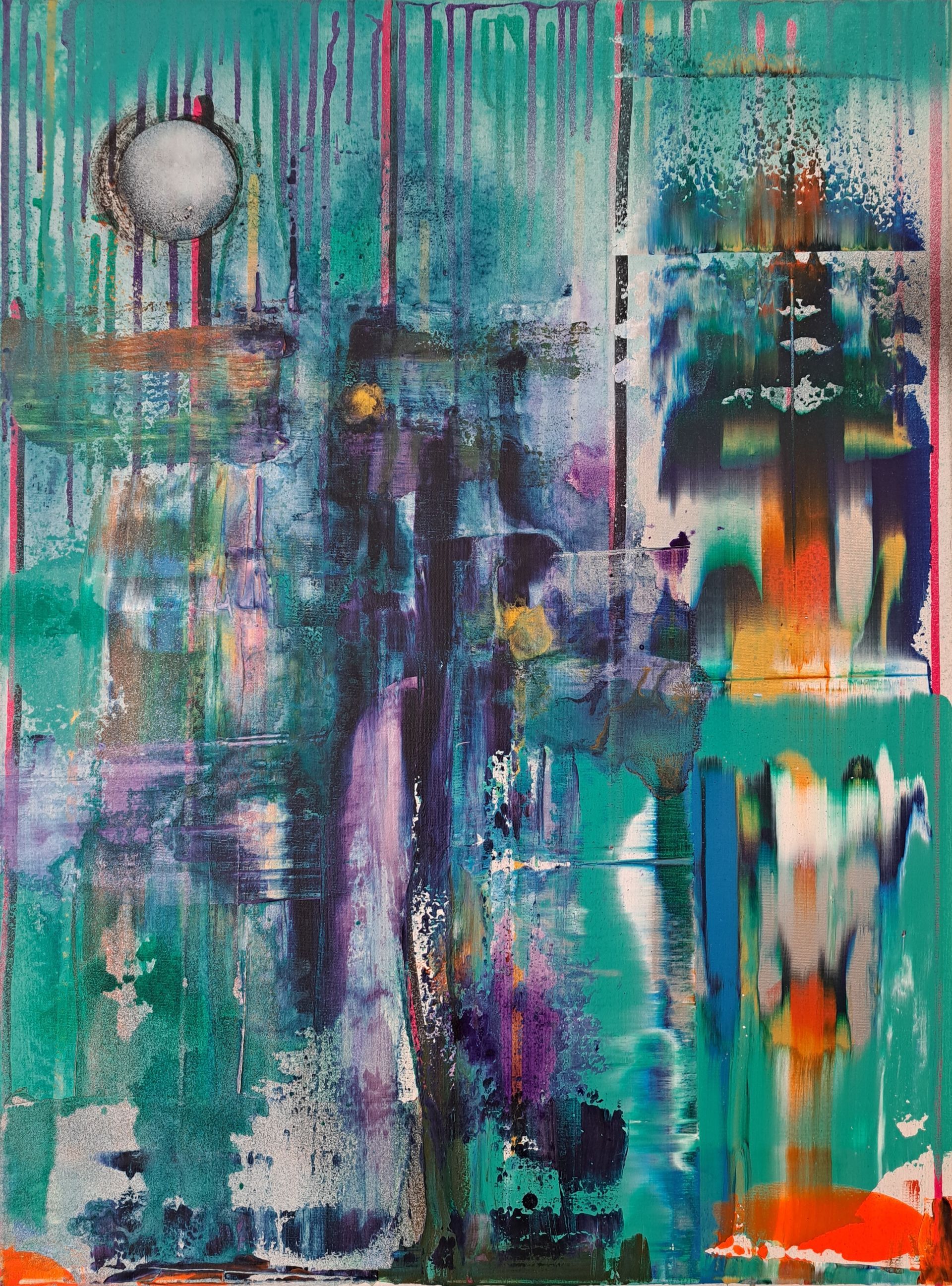 A close up of a colorful painting on a wall.