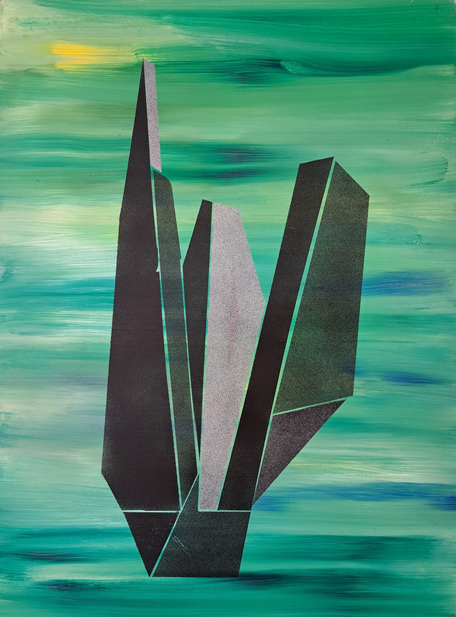 A painting of concrete buildings on a green background.