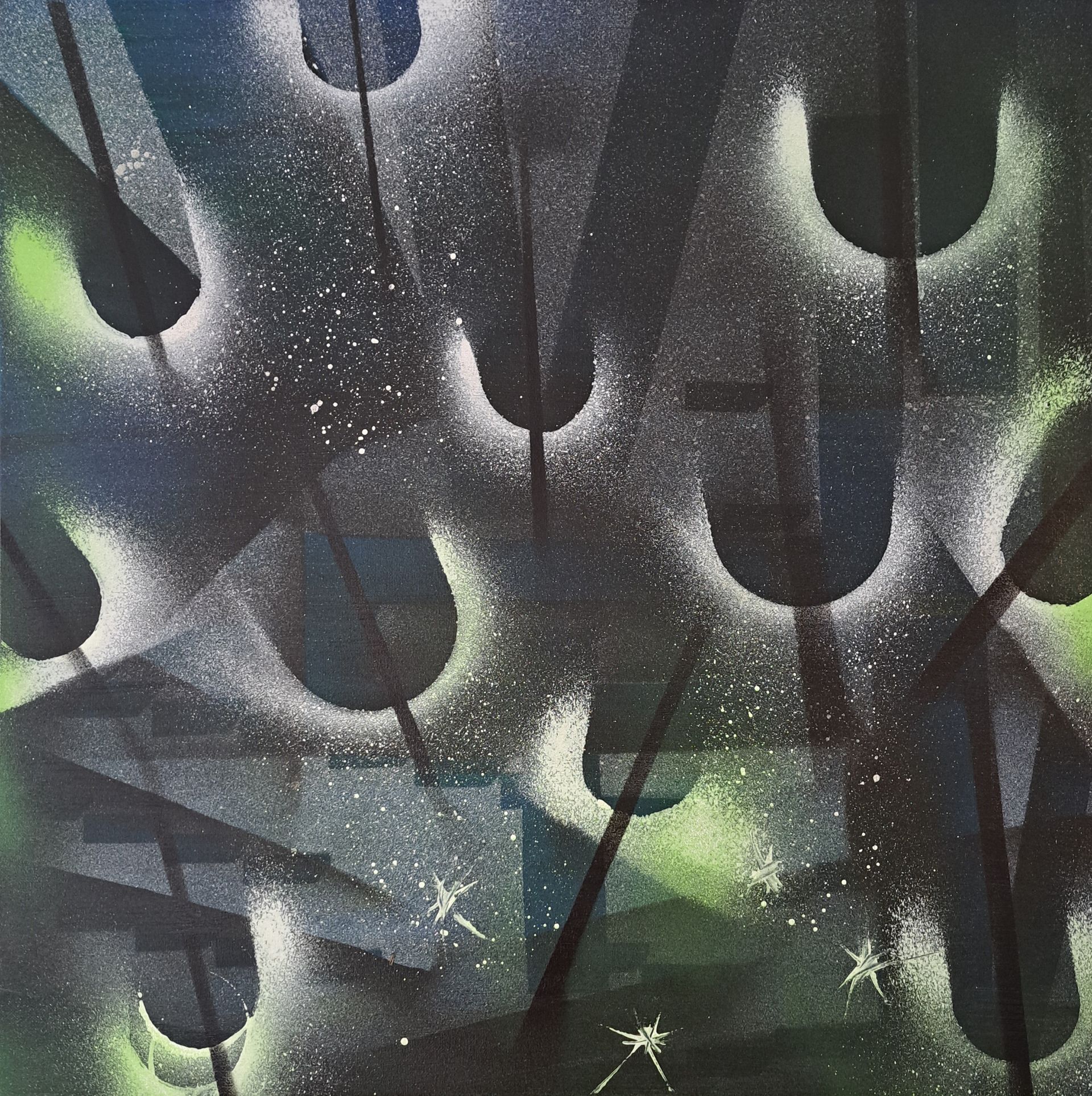 A close up of a painting with a lot of feathers on it