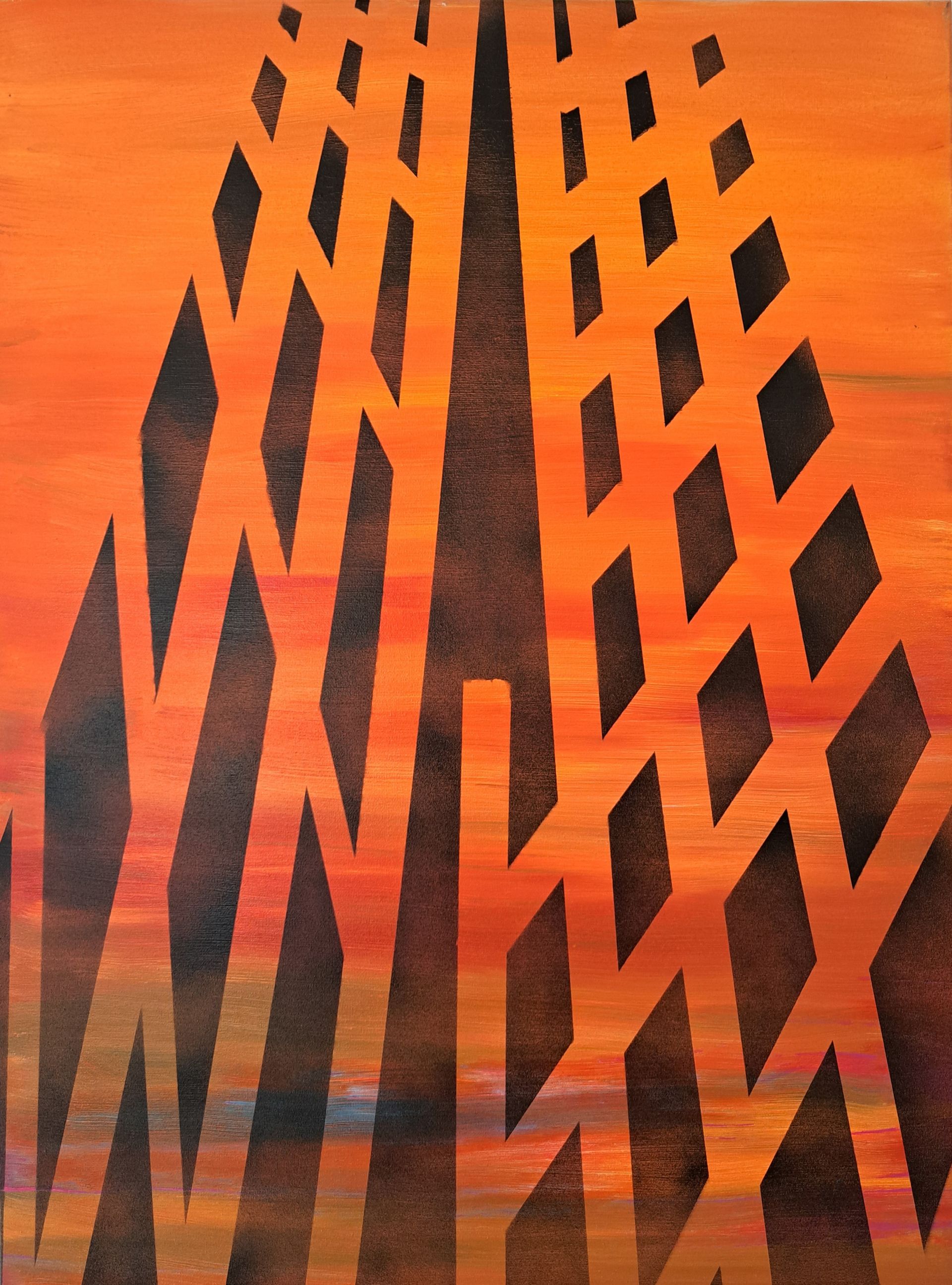 A painting of a building with a sunset in the background.