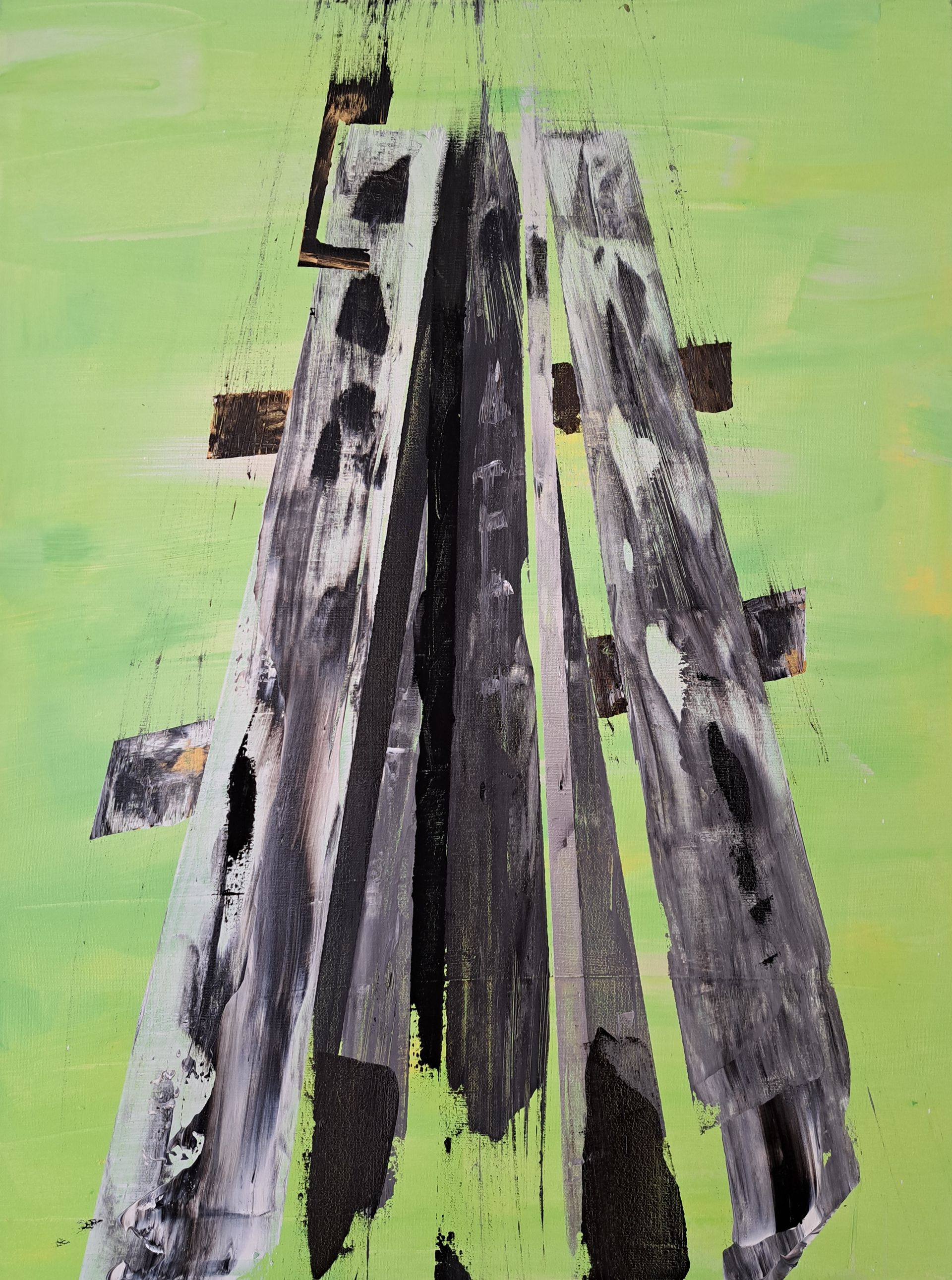 A painting of an abstract building on a green background.