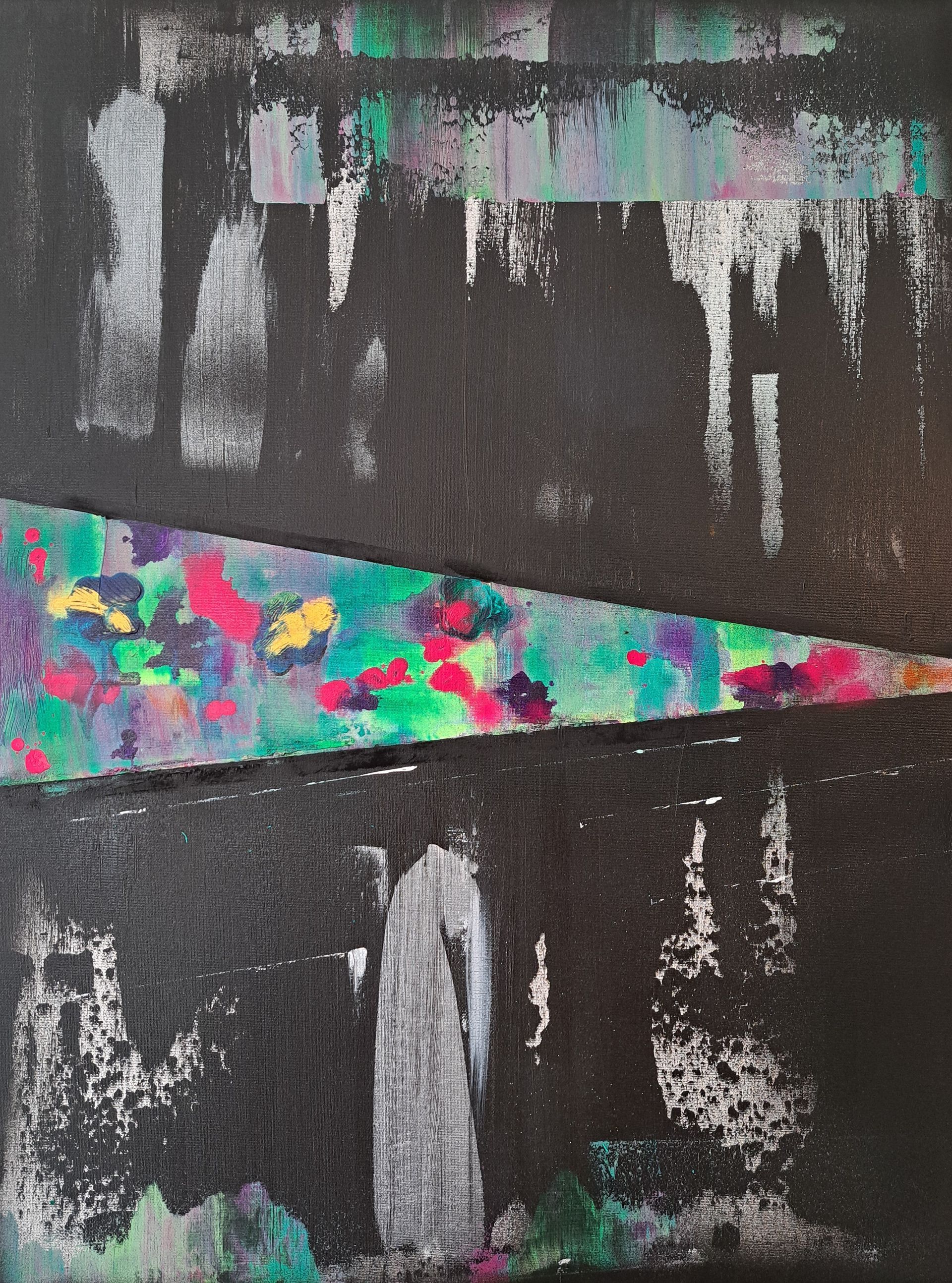 A black and white painting with a rainbow of colors.