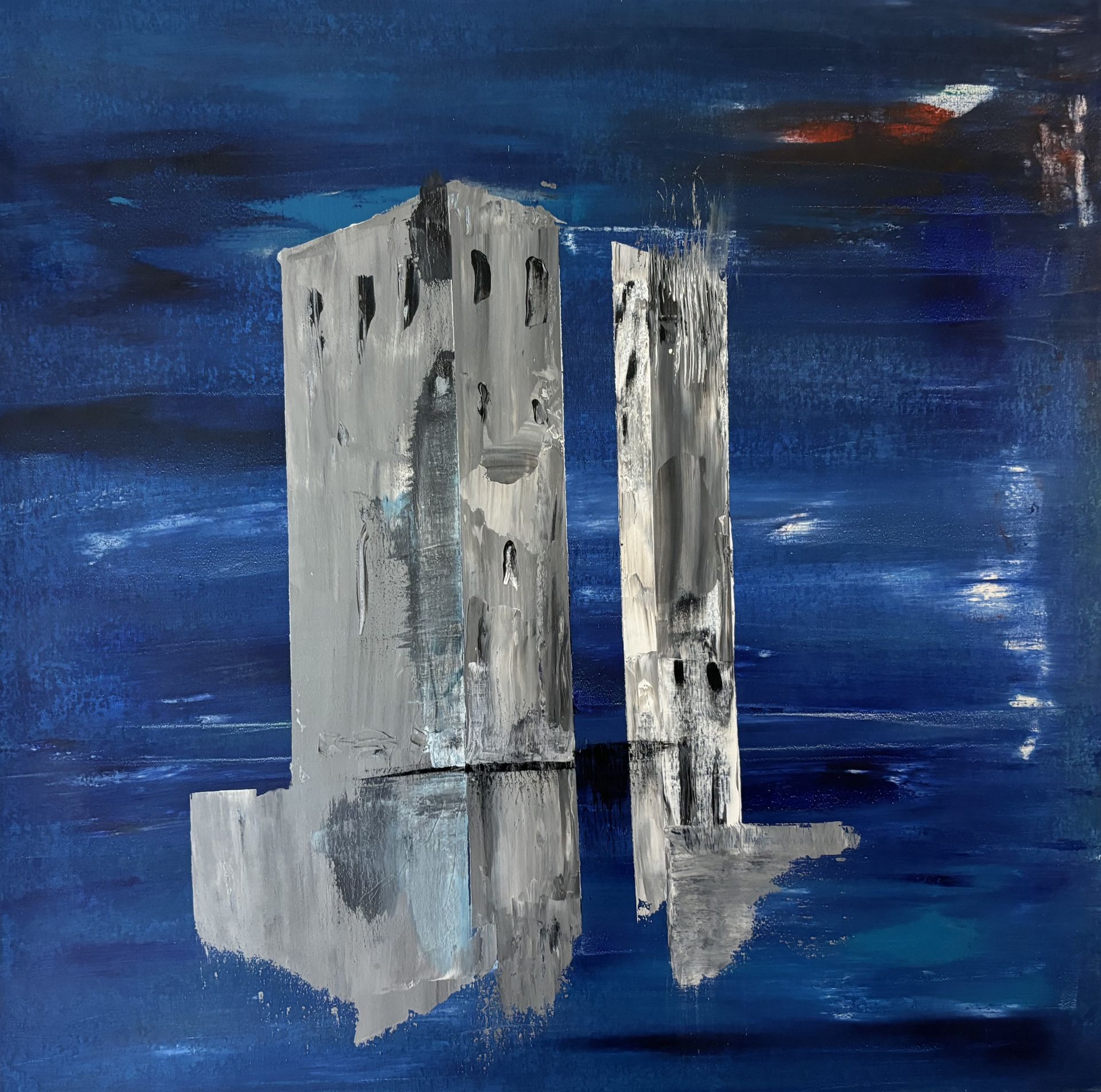 Moody blue painting with towering concrete building