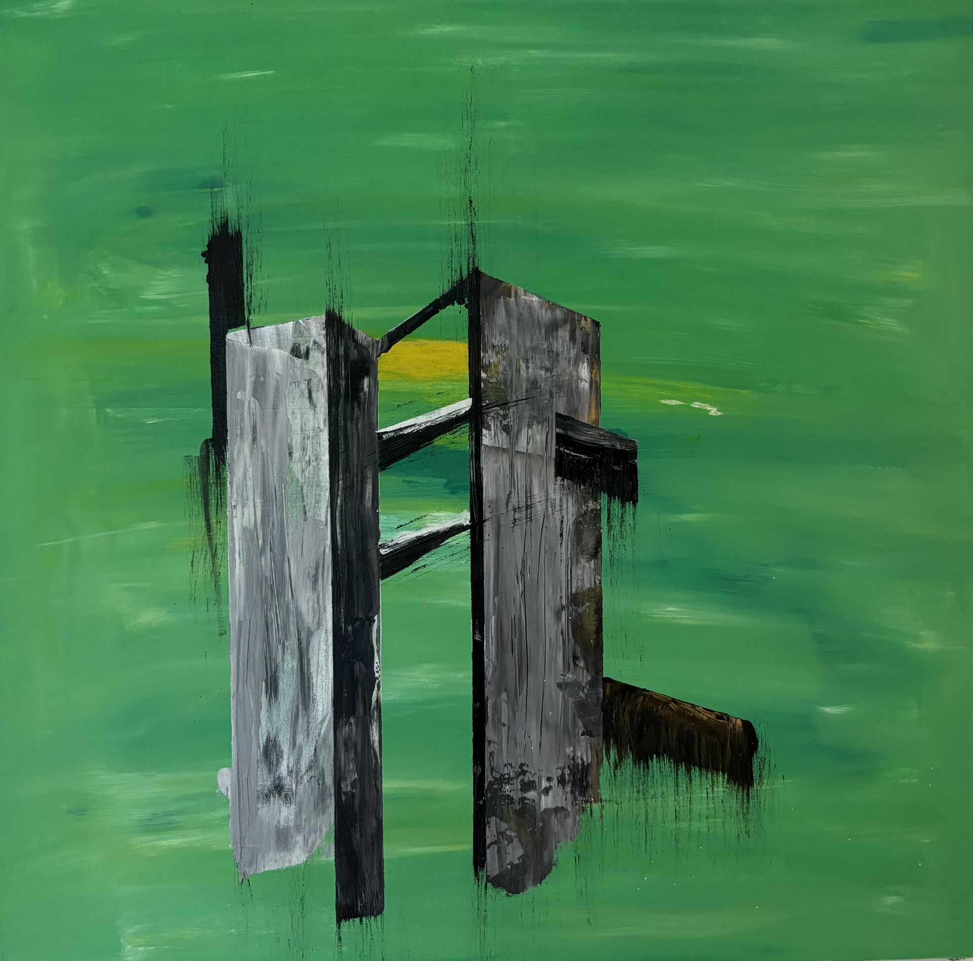 Green with bits of yellow and massive concrete structure