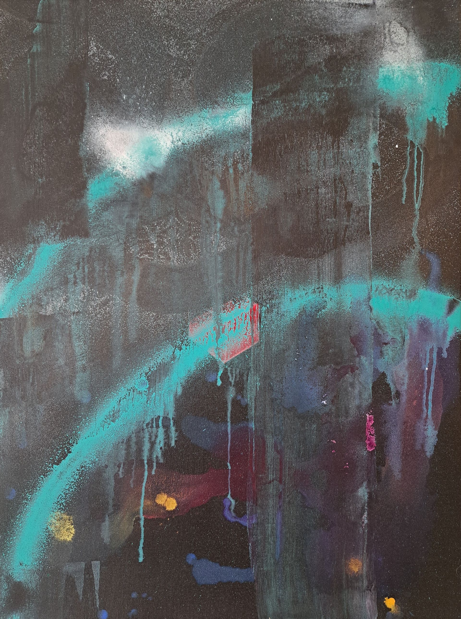 A close up of a painting with a blue line on it.