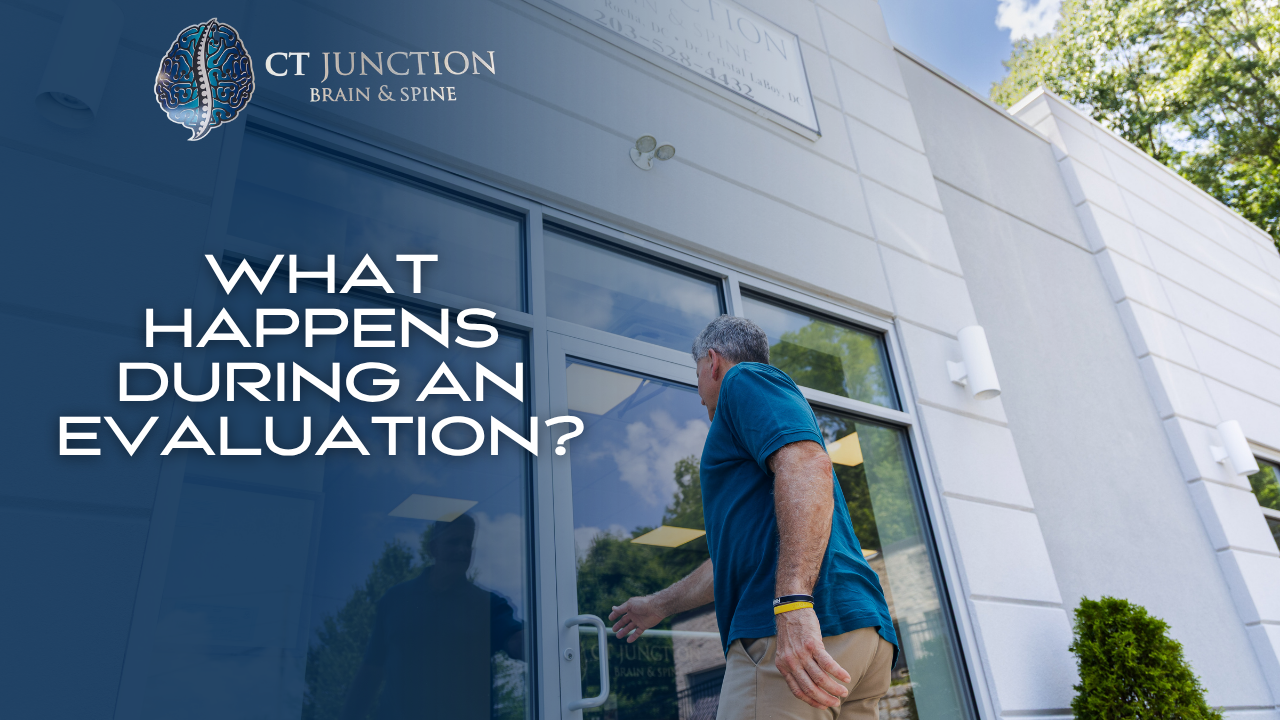 A person in a blue shirt opening a glass door at the CT Junction clinic under the text 