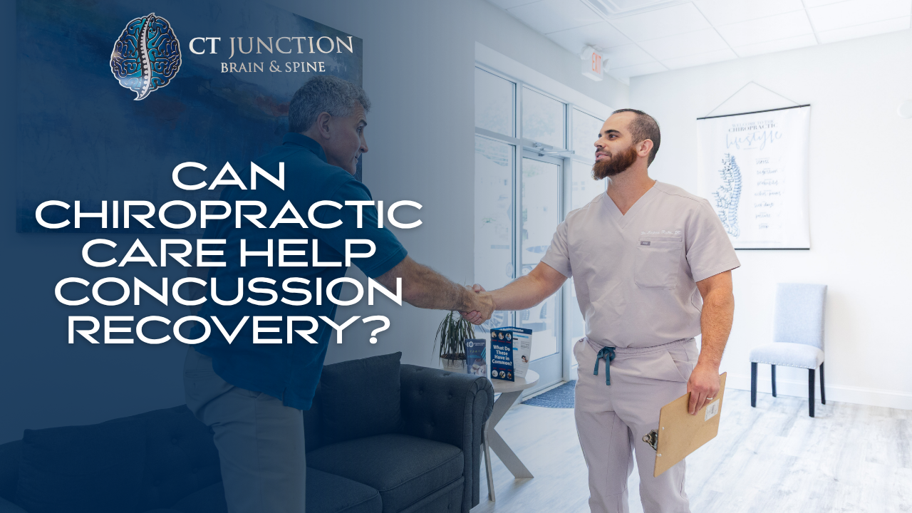A professional in scrubs shakes hands with a person in a clinic office. The text asks: Can chiropractic care help recovery?
