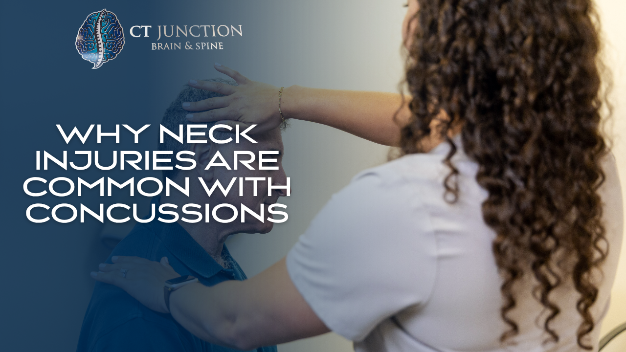 A healthcare professional examines a patient's neck, with text overlay: 
