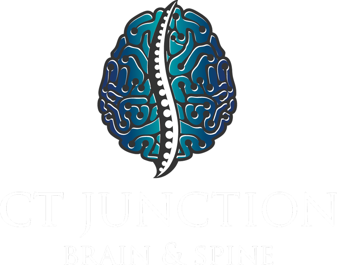CT Junction Brain and Spine Logo. Brain and spine illustration; blue and white.