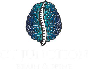 CT Junction Brain and Spine Logo. Brain and spine illustration; blue and white.
