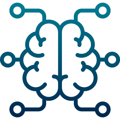 Blue brain-shaped icon with circuit board elements, suggesting artificial intelligence.