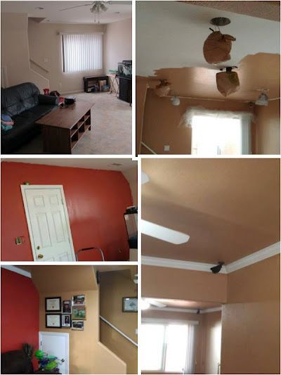 A collage of four pictures of a living room