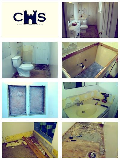A collage of pictures of a bathroom being remodeled by chs