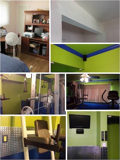 A collage of pictures shows a bedroom and a gym
