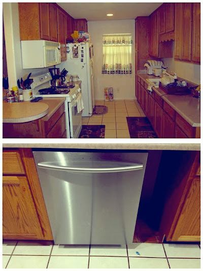 A kitchen with wooden cabinets and a stainless steel dishwasher