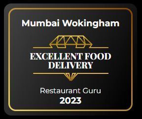 A black and gold badge for mumbai wokingham excellent food delivery restaurant guru 2023.